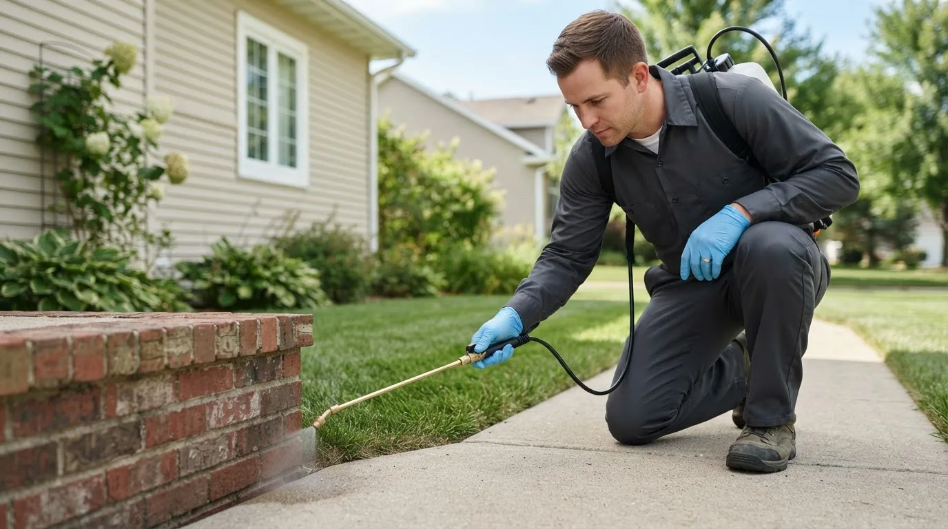 Pest control technician treating a home near Lone Grove, OK