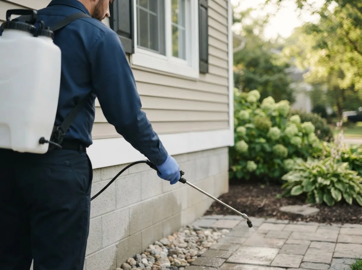 Pest control technician inspecting a home in Lone Grove, OK